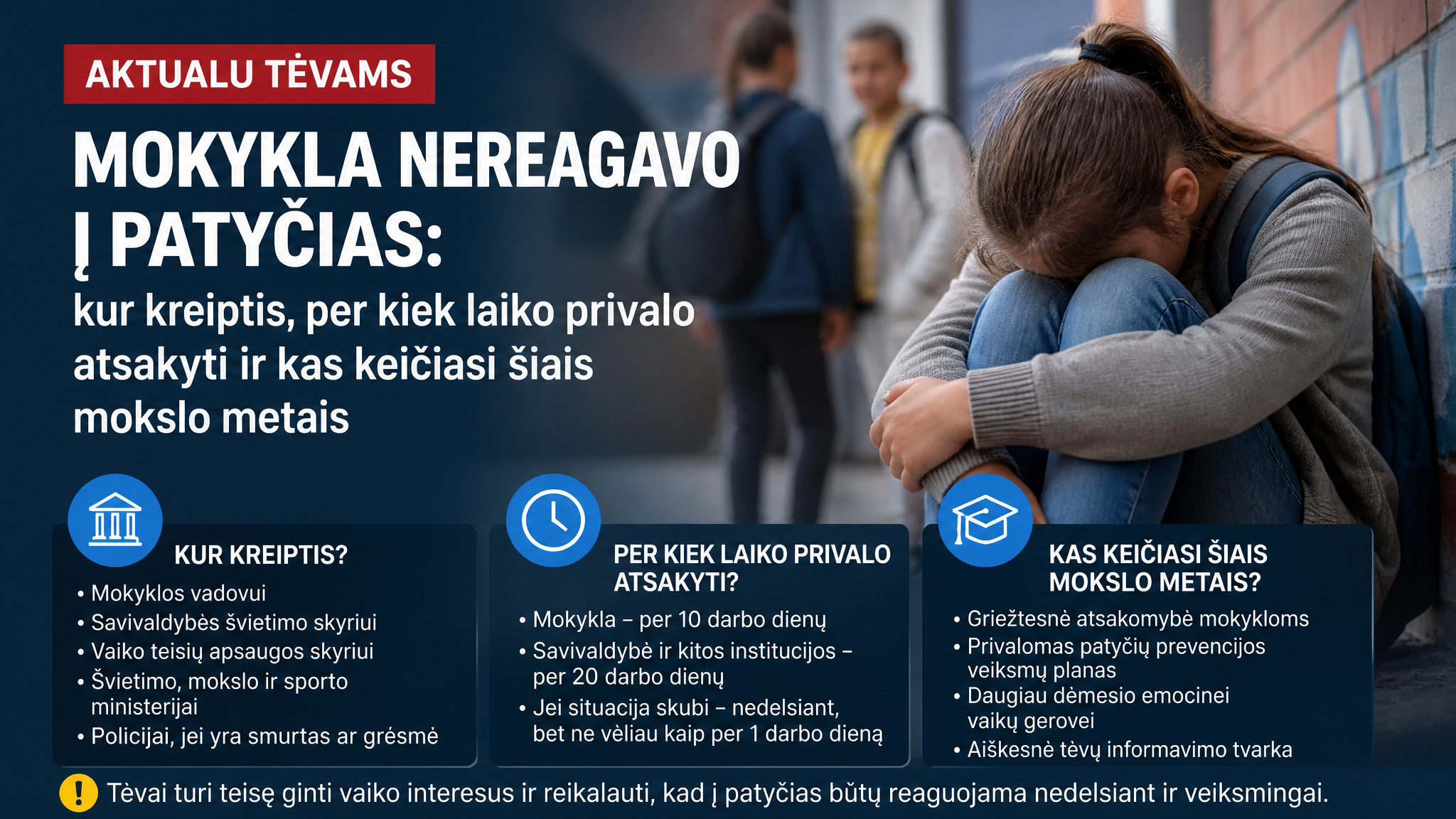 Mokykla nereagavo į patyčias: kur kreiptis tėvams, per kiek laiko privalo atsakyti ir kas keičiasi šiais mokslo metais