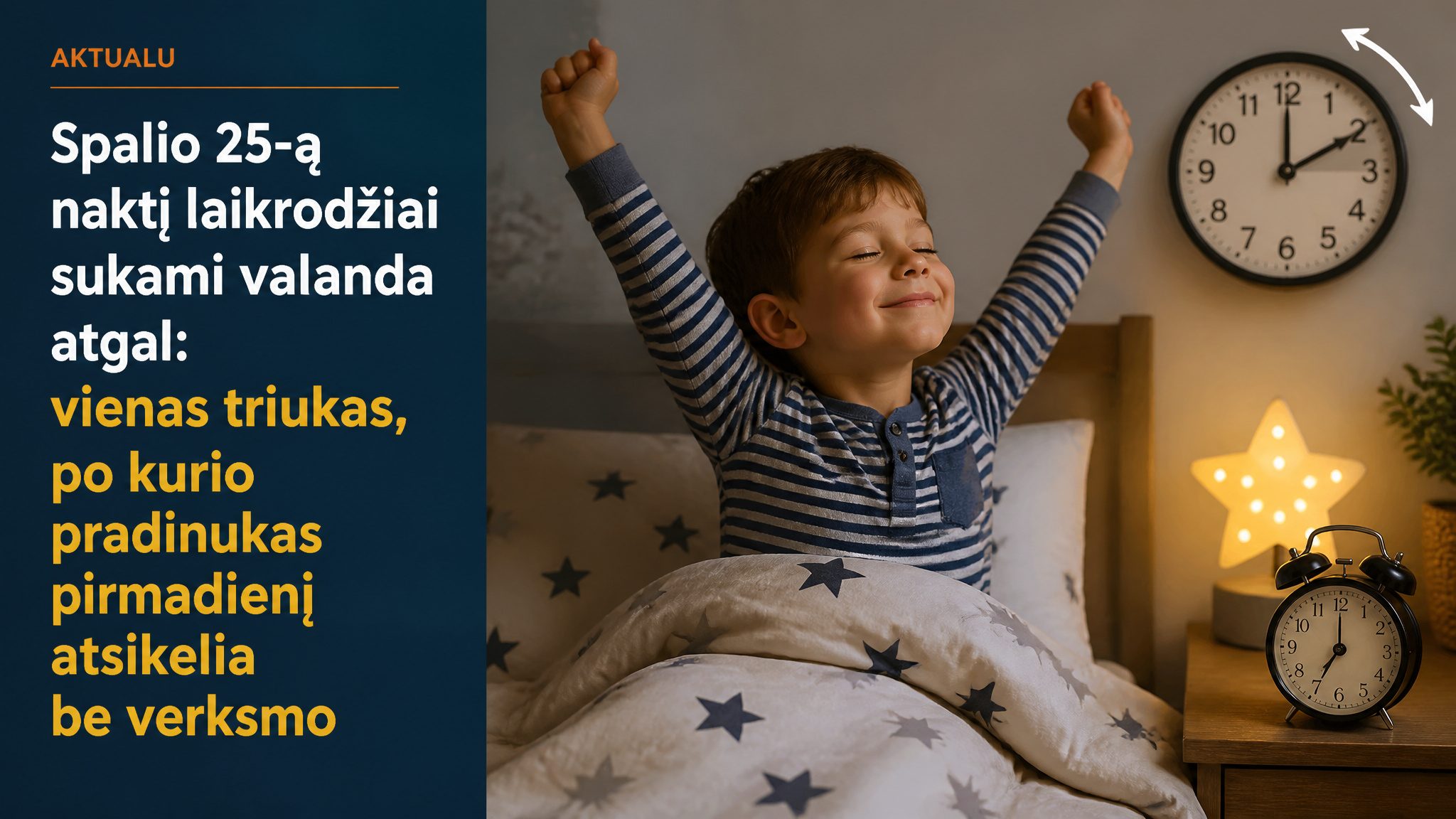 Spalio 25-ą naktį laikrodžiai sukami valanda atgal: vienas triukas, po kurio pradinukas pirmadienį atsikelia be verksmo