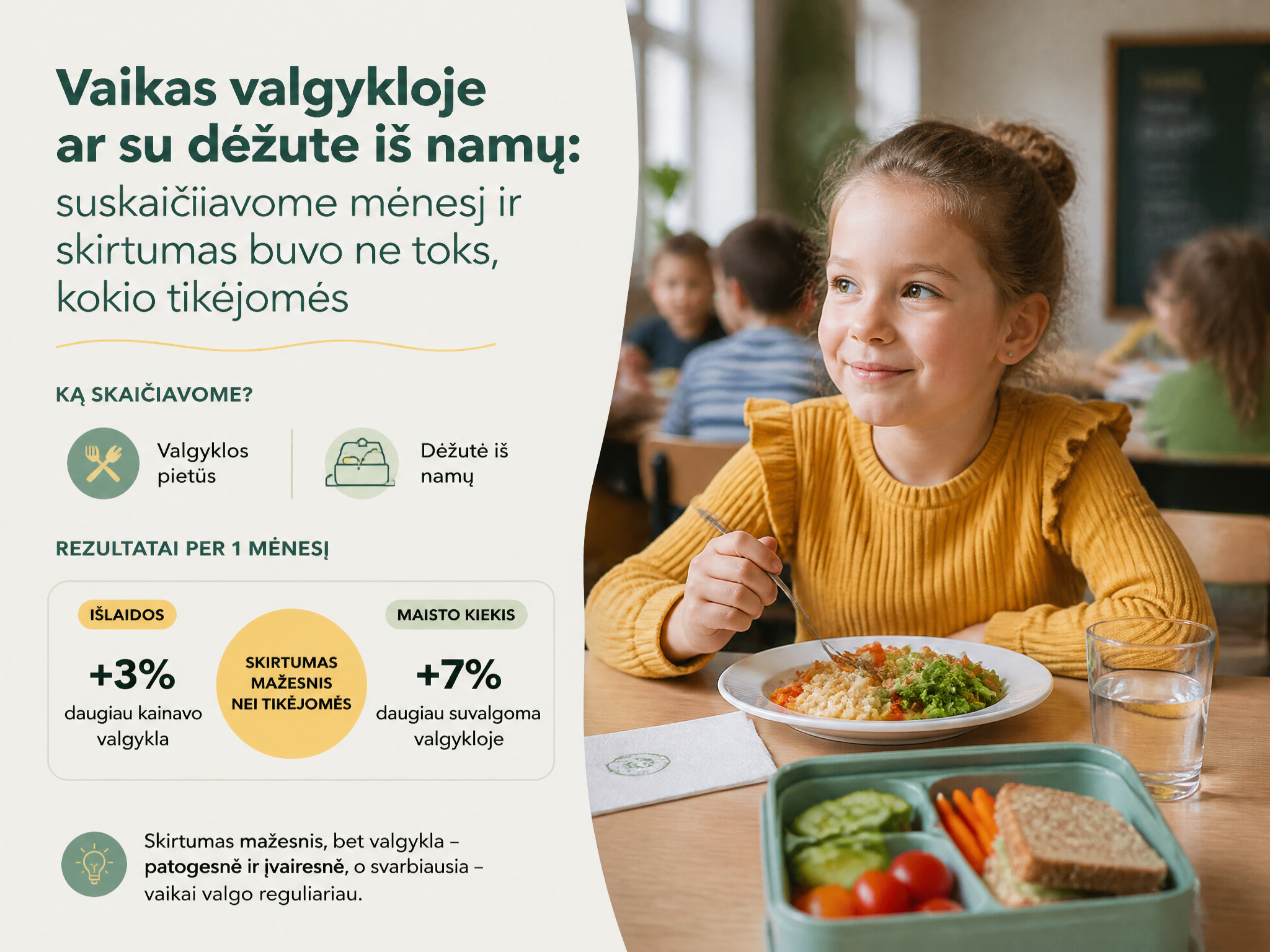 Vaikas valgykloje ar su dėžute iš namų: suskaičiavome mėnesį ir skirtumas buvo ne toks, kokio tikėjomės