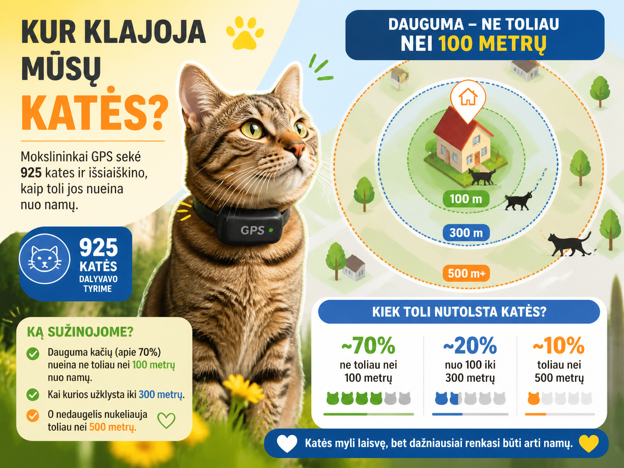 Mokslininkai GPS sekė 925 kates ir išsiaiškino, kaip toli jos nueina nuo namų: dauguma – ne toliau nei 100 metrų