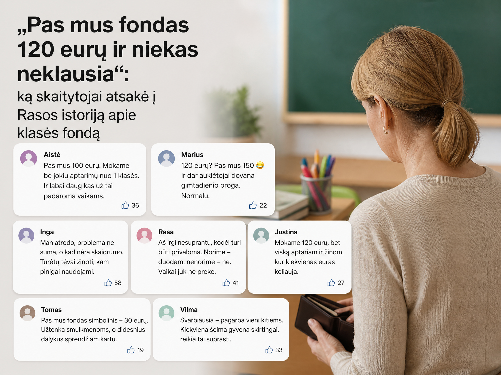 „Pas mus fondas 120 eurų ir niekas neklausia“: ką skaitytojai atsakė į Rasos istoriją apie klasės fondą